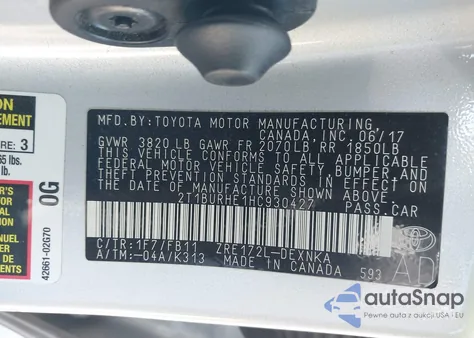 2017 Toyota Corolla Le from USA, damaged, VIN 2T1BURHE1HC930427